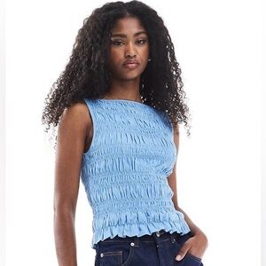 Shirred Boat Neck Tank Top - Blue - XSmall